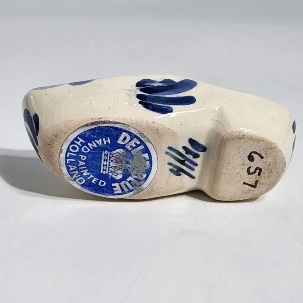 Vintage Delft Blue Cream and-Painted Ceramic Dutch Clog Shoe Figurine